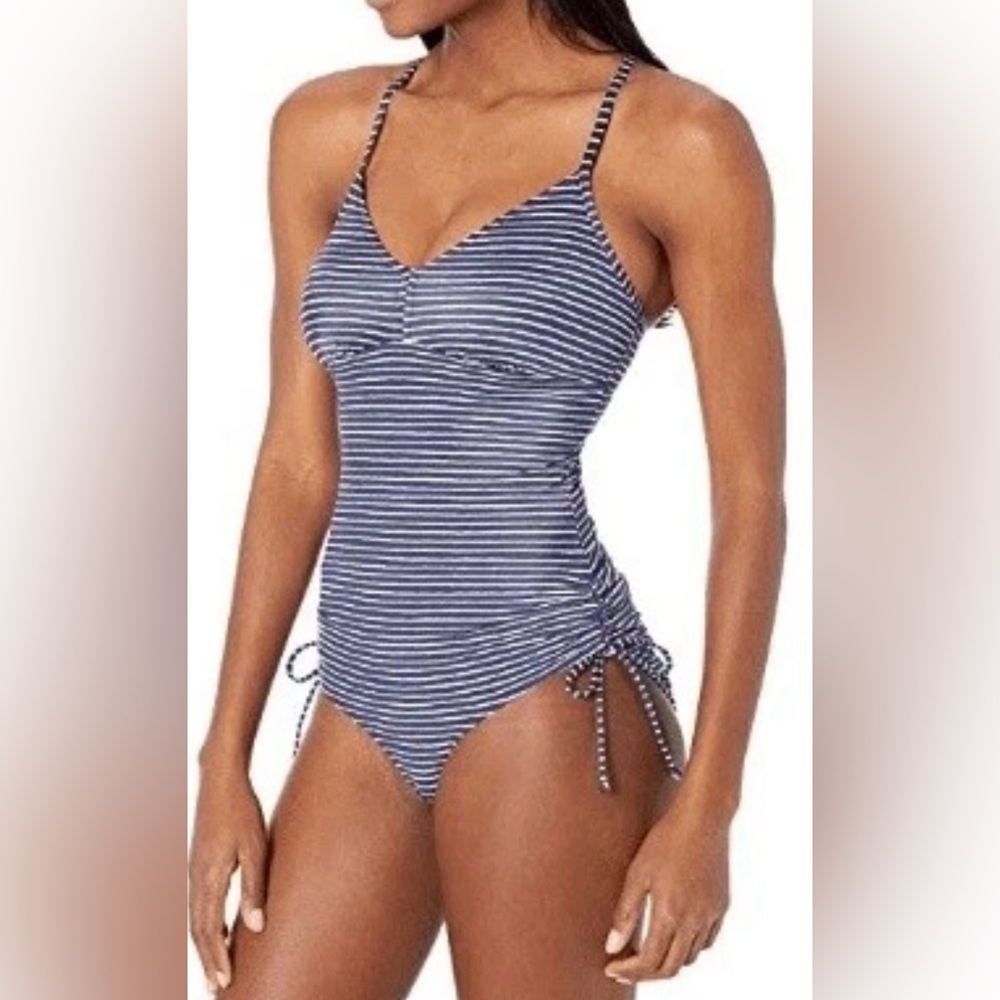 prAna Moorea One-Piece Swimsuit, Blue Anchor Stripe, Women’s size Small